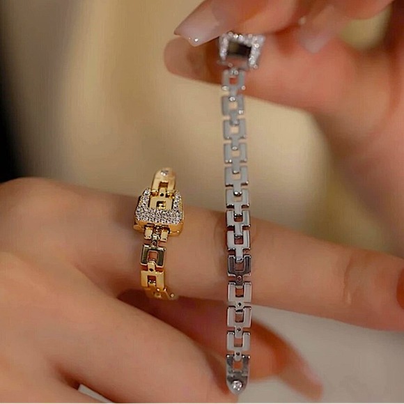 Silver Belt Buckle Bracelet Matching Ring Set, Minimalist, Zircon, Chain Link - Picture 8 of 12